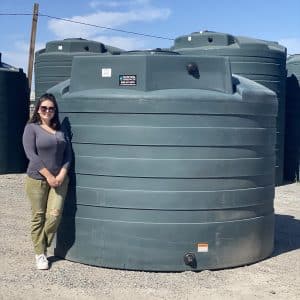 The image depicts a 2,650 Gallon Poly HDPE Water Storage Tank 102”D x 80”H